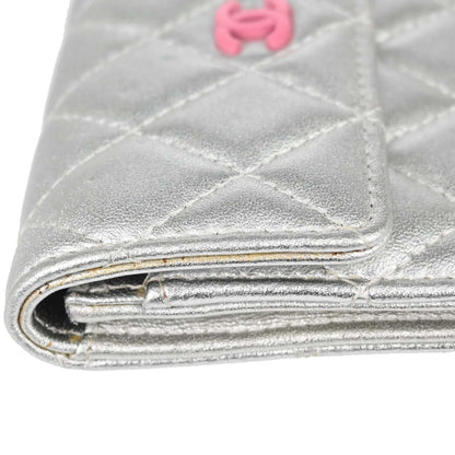 Chanel CC Flap Card Case Quilted Lambskin, Silver, Leather, Card Holder
