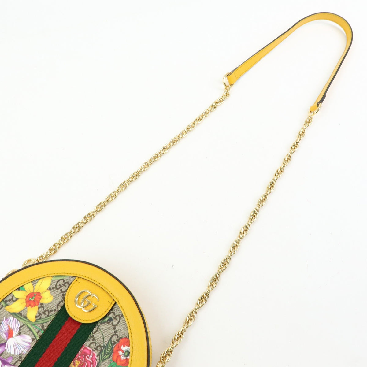 Gucci Ophidia Round Flora GG Coated Canvas, Yellow, Leather, Shoulder Bag