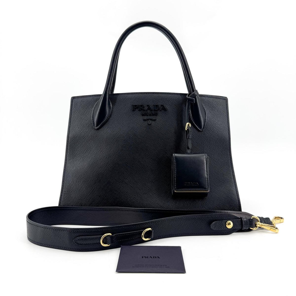Prada Monochrome Saffiano with City Calf, Black, Leather, Tote Bag