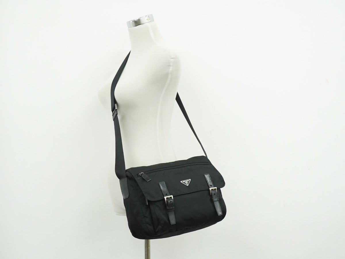Prada Zip Buckle Messenger Tessuto, Black, Nylon, Shoulder Bag