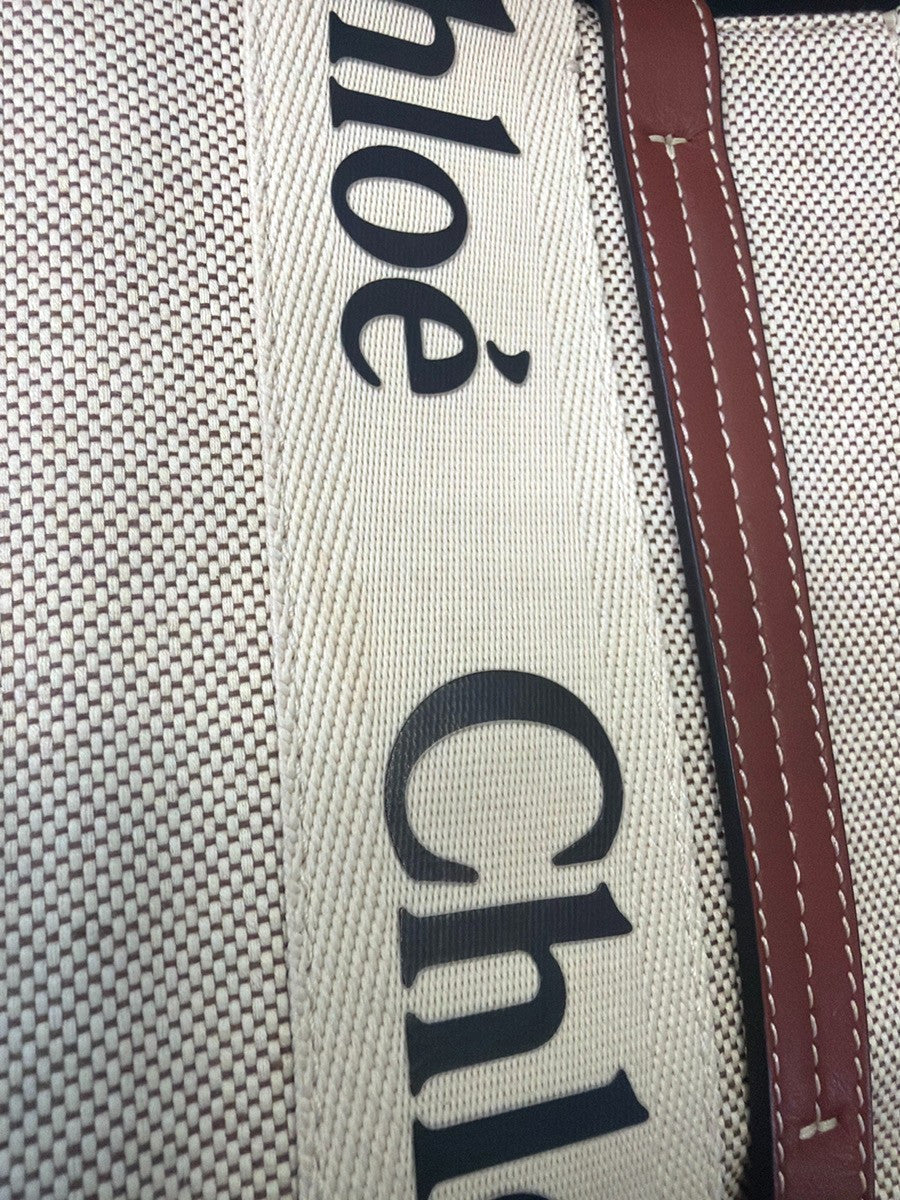 Chloe Woody Leather, Beige, Canvas, Tote Bag