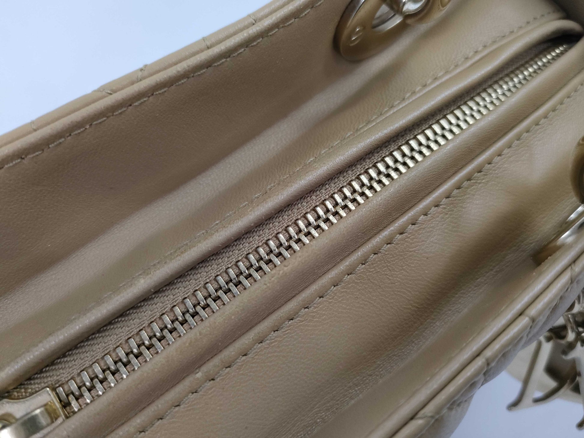 Christian Dior Lady Dior Cannage Quilt Lambskin, Beige, Leather, Handbag