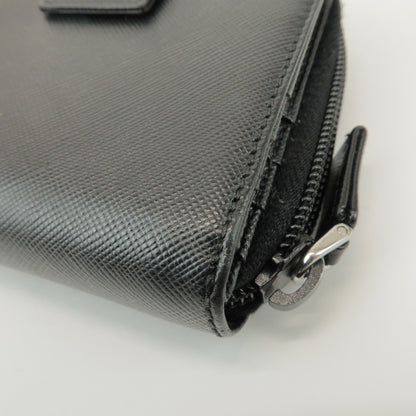 Prada Bifold Zip Around Saffiano Leather, Black, Leather, Wallet