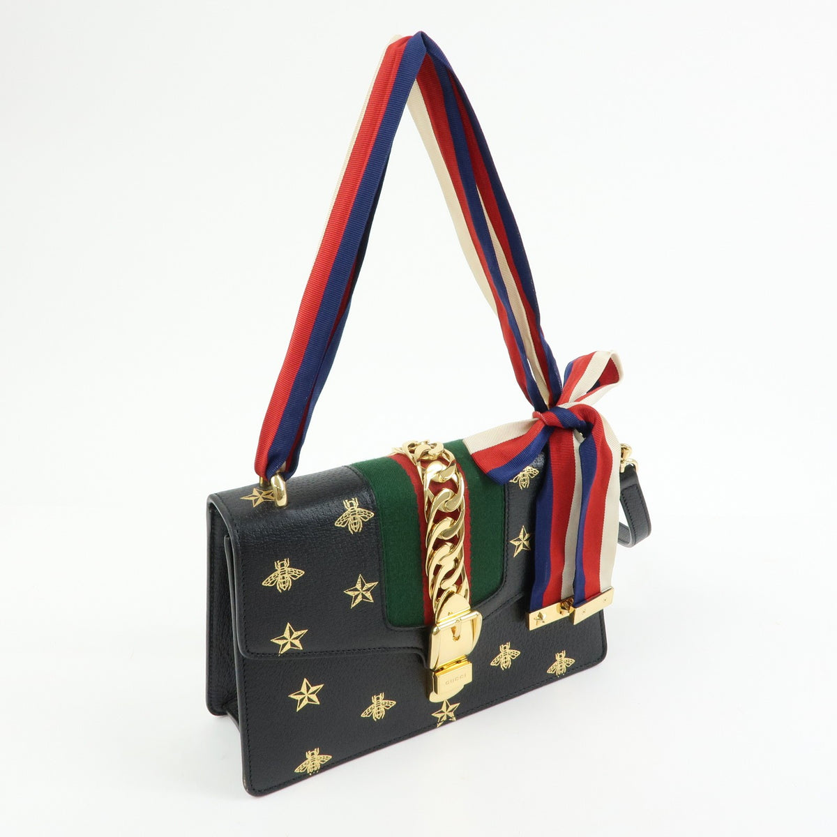 Gucci Sylvie Printed Leather, Black, Leather, Shoulder Bag