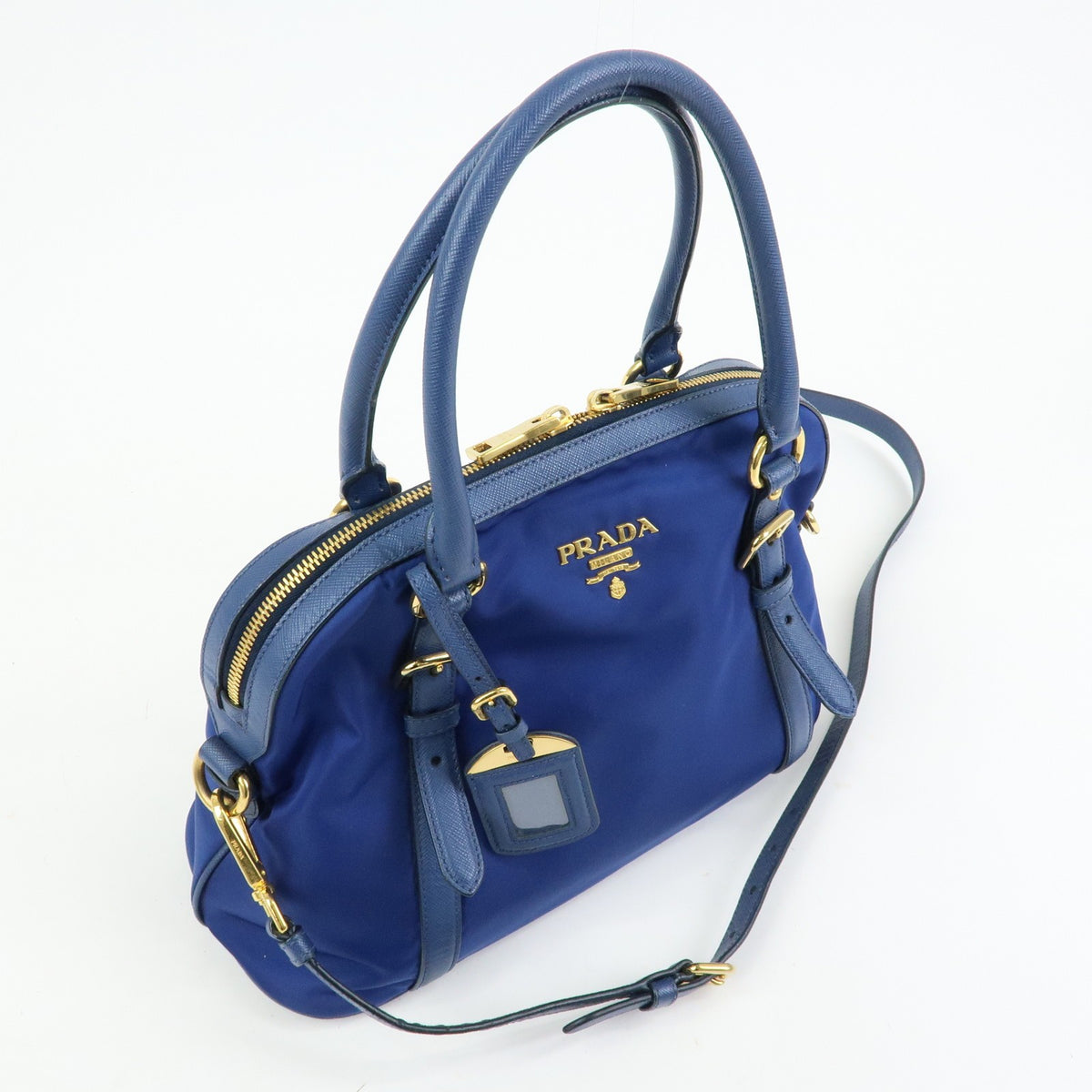Prada Convertible Dome Satchel Tessuto with Saffiano Leather, Blue, Nylon, Handbag