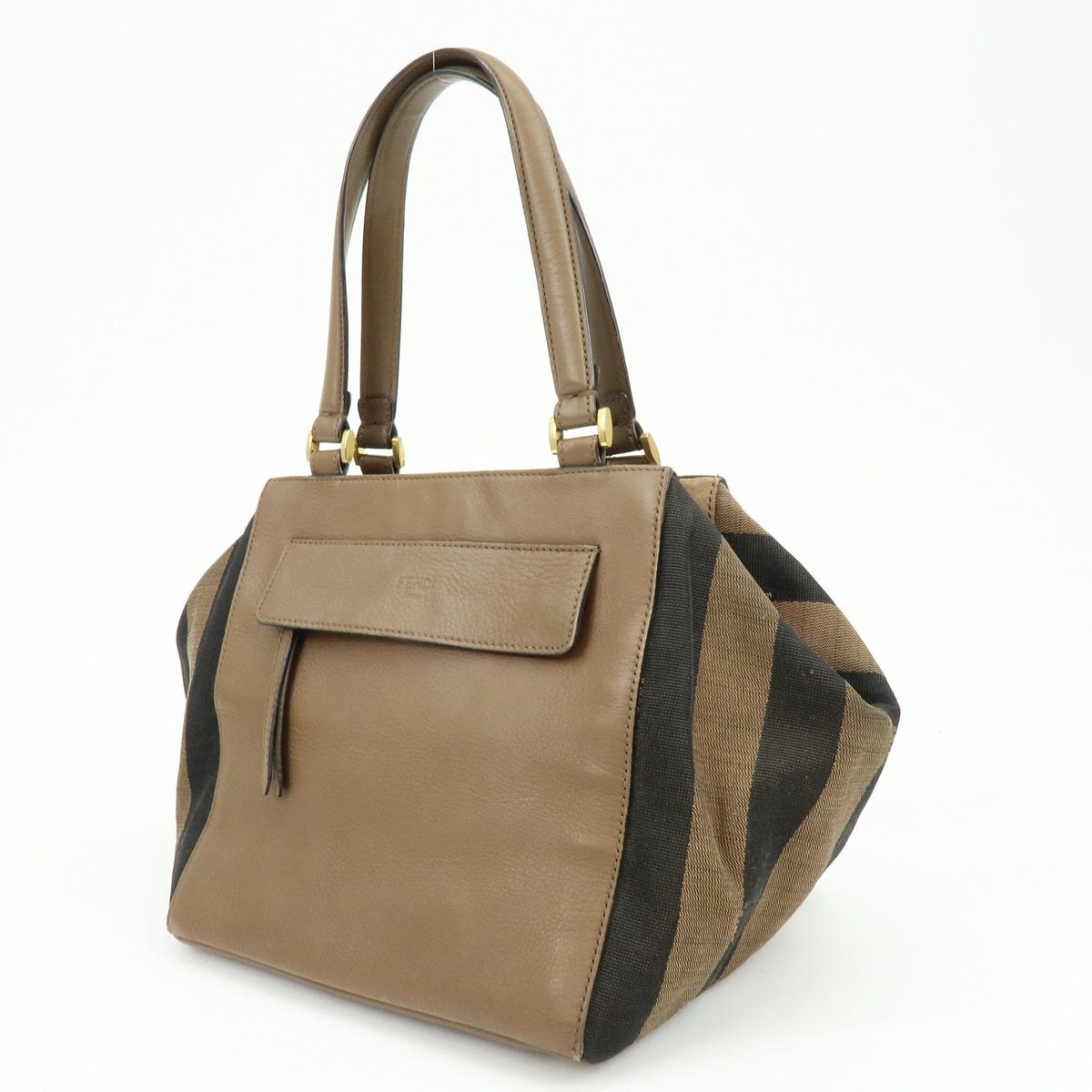 Fendi Boxy Leather with Pequin Canvas, Brown, Leather, Tote Bag
