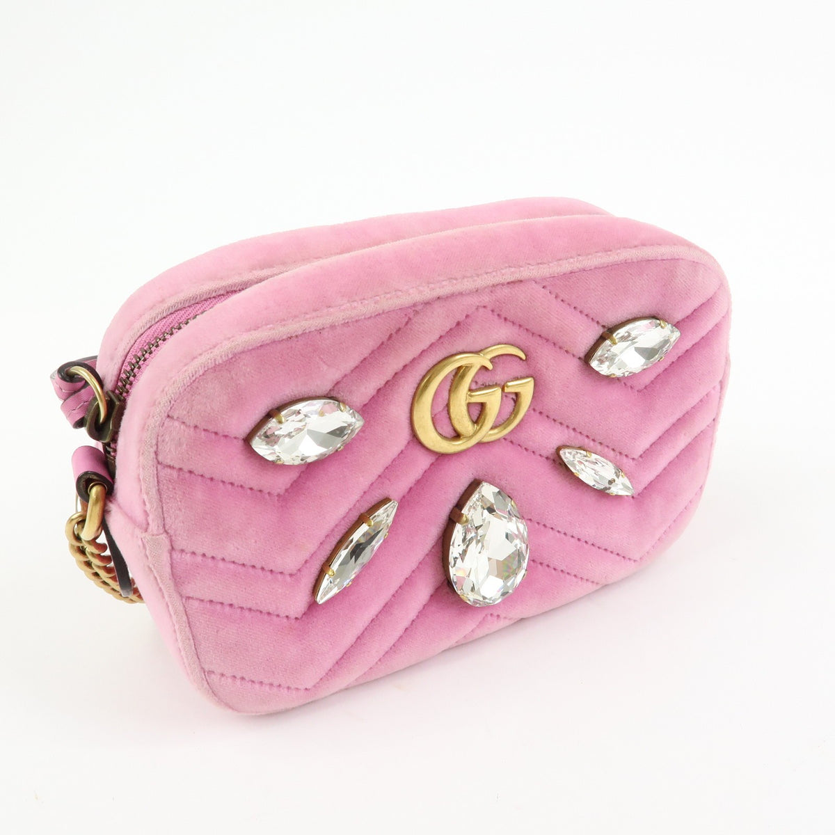 Gucci GG Marmont Crystal Embellished Matelasse Velvet, Pink, Velvet, Shoulder Bag