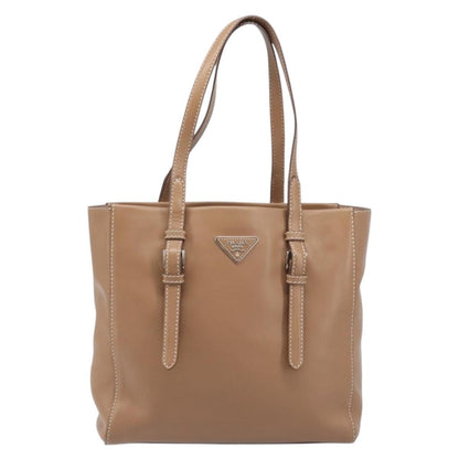 Prada Covered Strap Open City Calfskin, Beige, Leather, Tote Bag