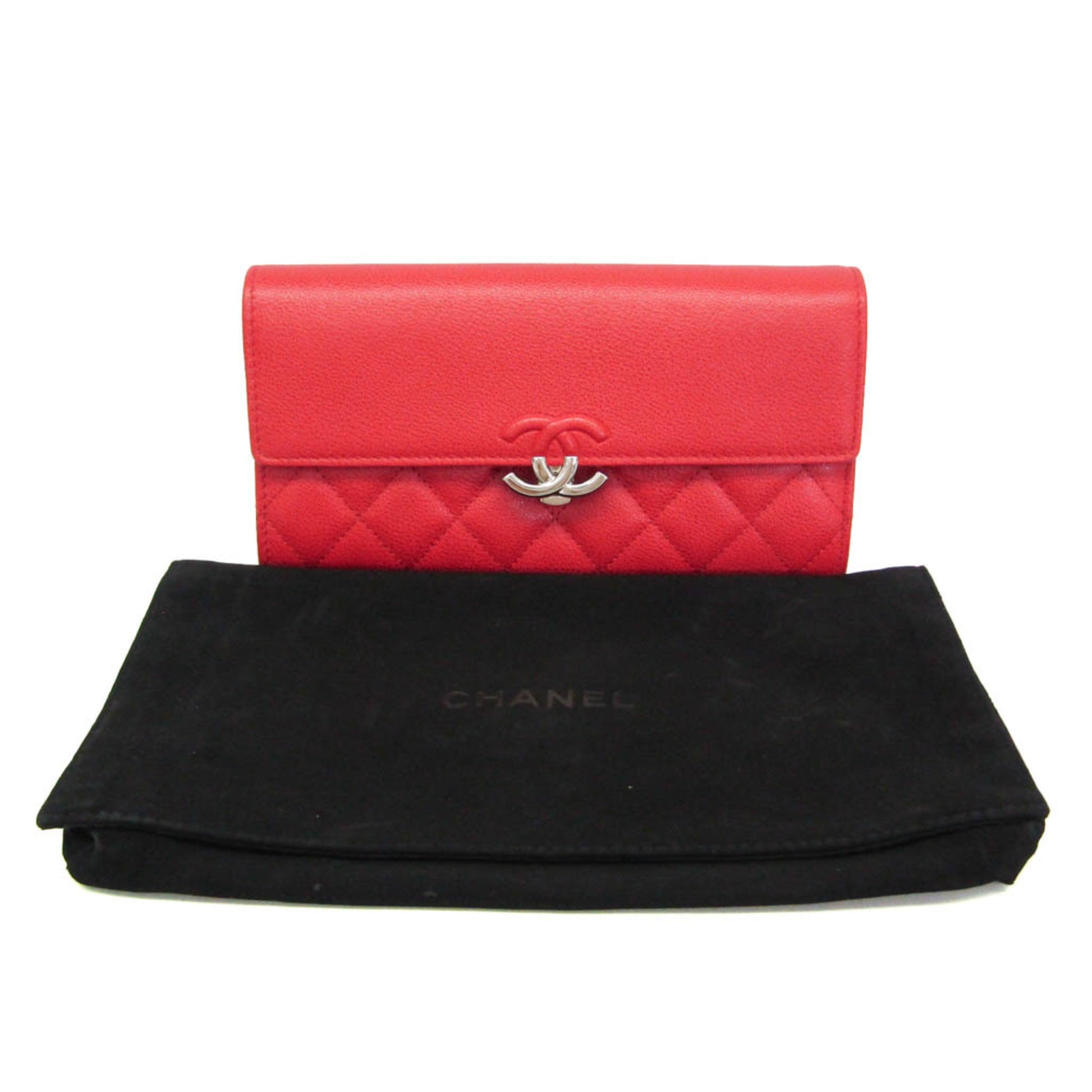 Chanel CC Box Gusset Flap Quilted Calfskin, Red, Leather, Wallet