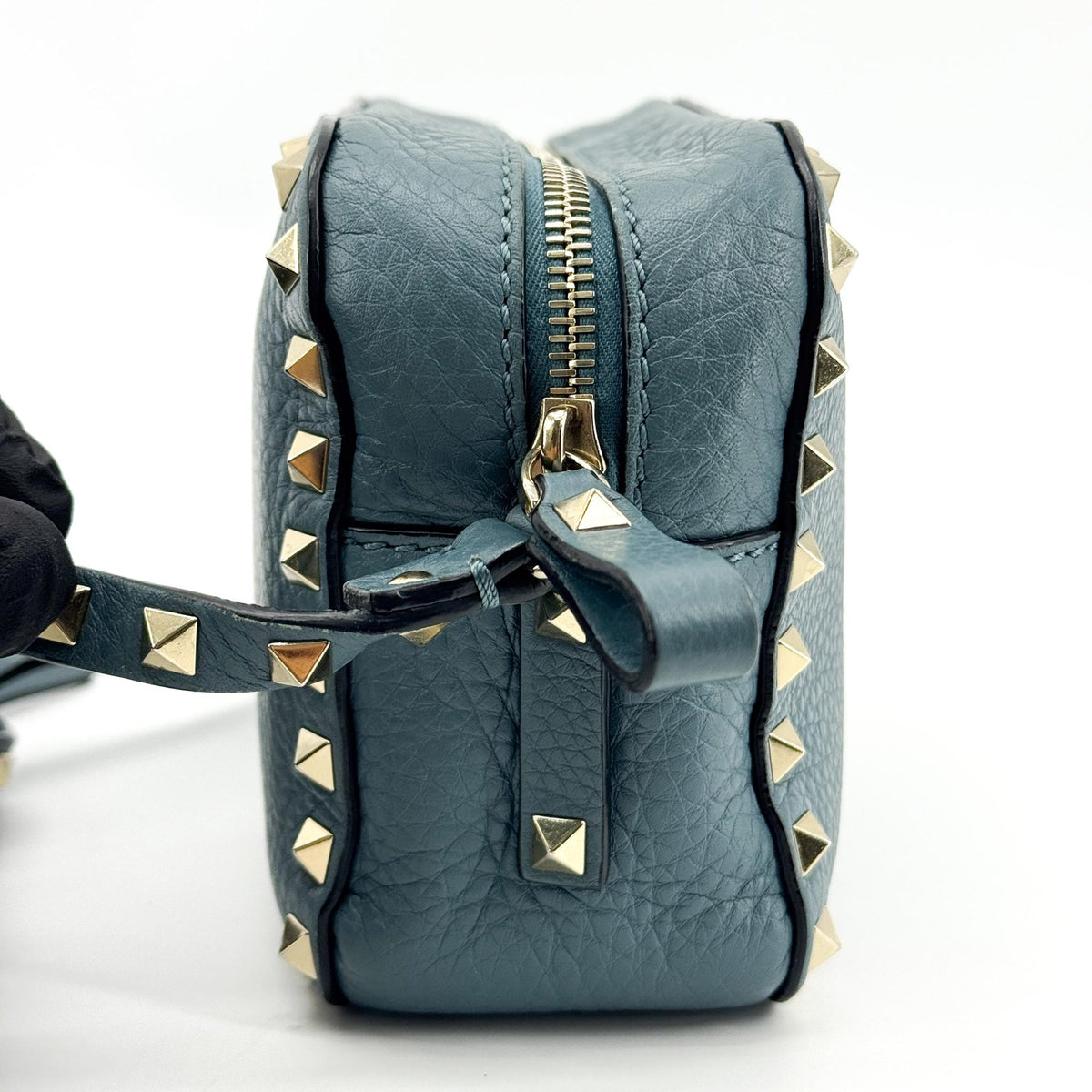 Valentino Garavani Rockstud Camera Leather, Blue, Leather, Crossbody Bag