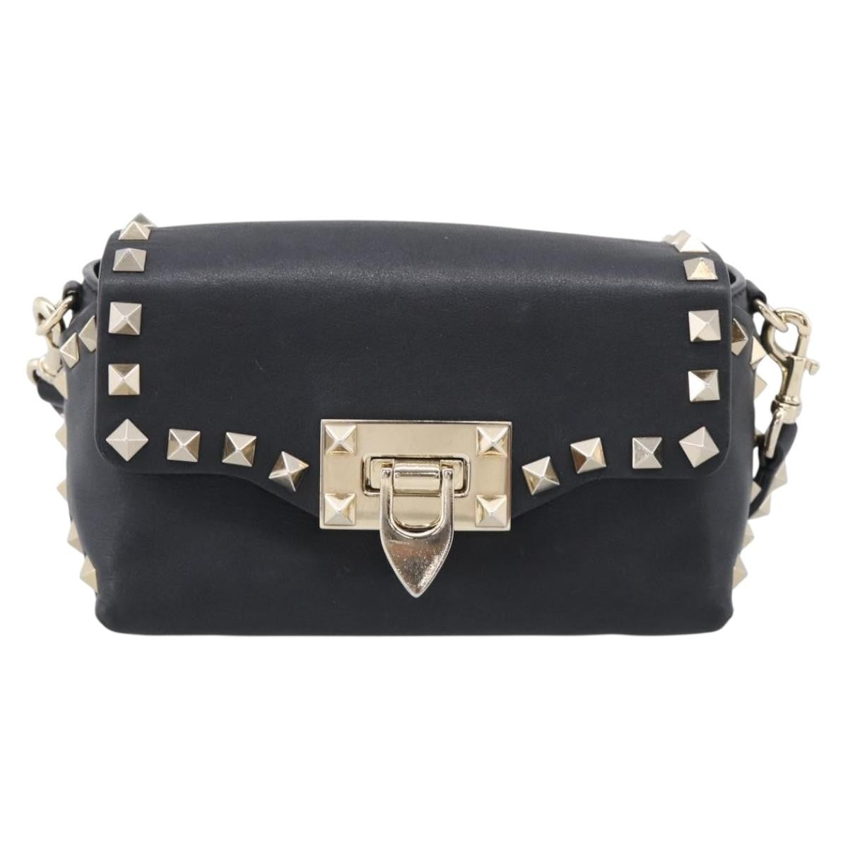 Valentino Garavani Rockstud Flip Lock Flap Leather, Black, Leather, Handbag