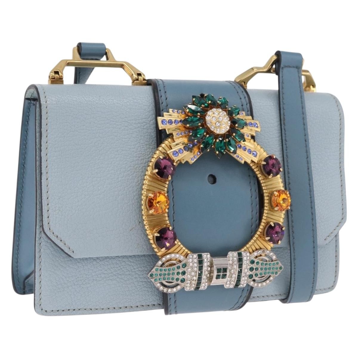 Miu Miu Madras Crystal Buckle Leather, Blue, Leather, Shoulder Bag