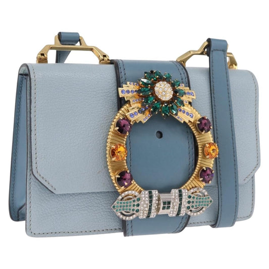 Miu Miu Madras Crystal Buckle Leather, Blue, Leather, Shoulder Bag