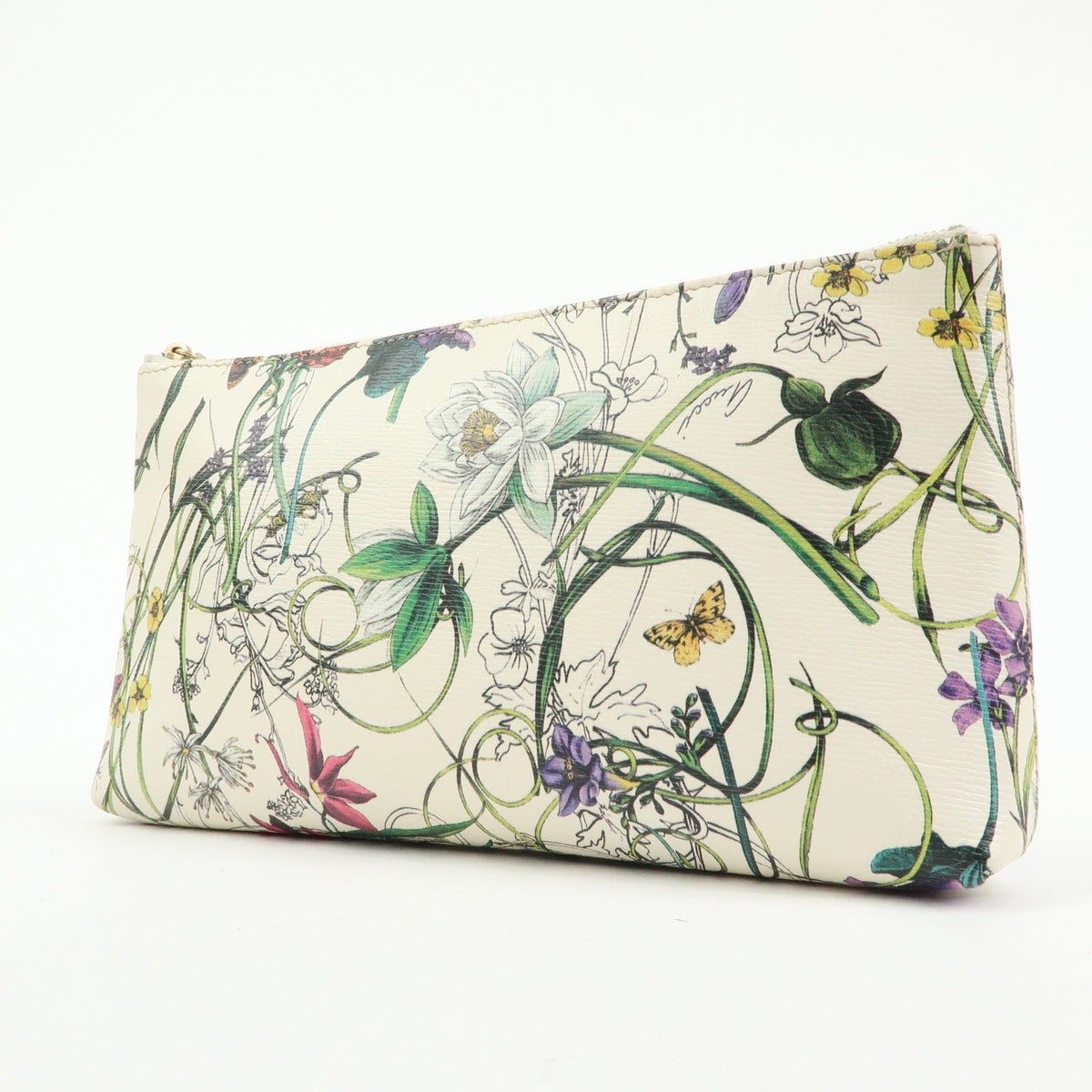 Gucci Bamboo Zip Pouch Flora Leather, Beige, Leather, Clutch