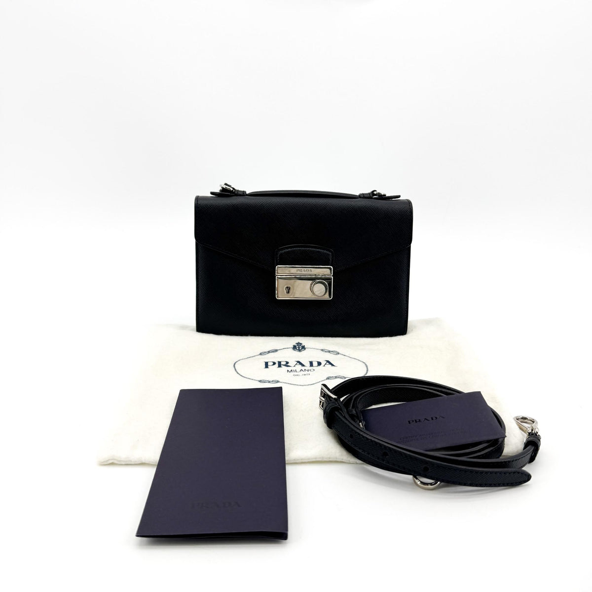 Prada Convertible Sound Vernice Saffiano Leather, Black, Leather, Handbag