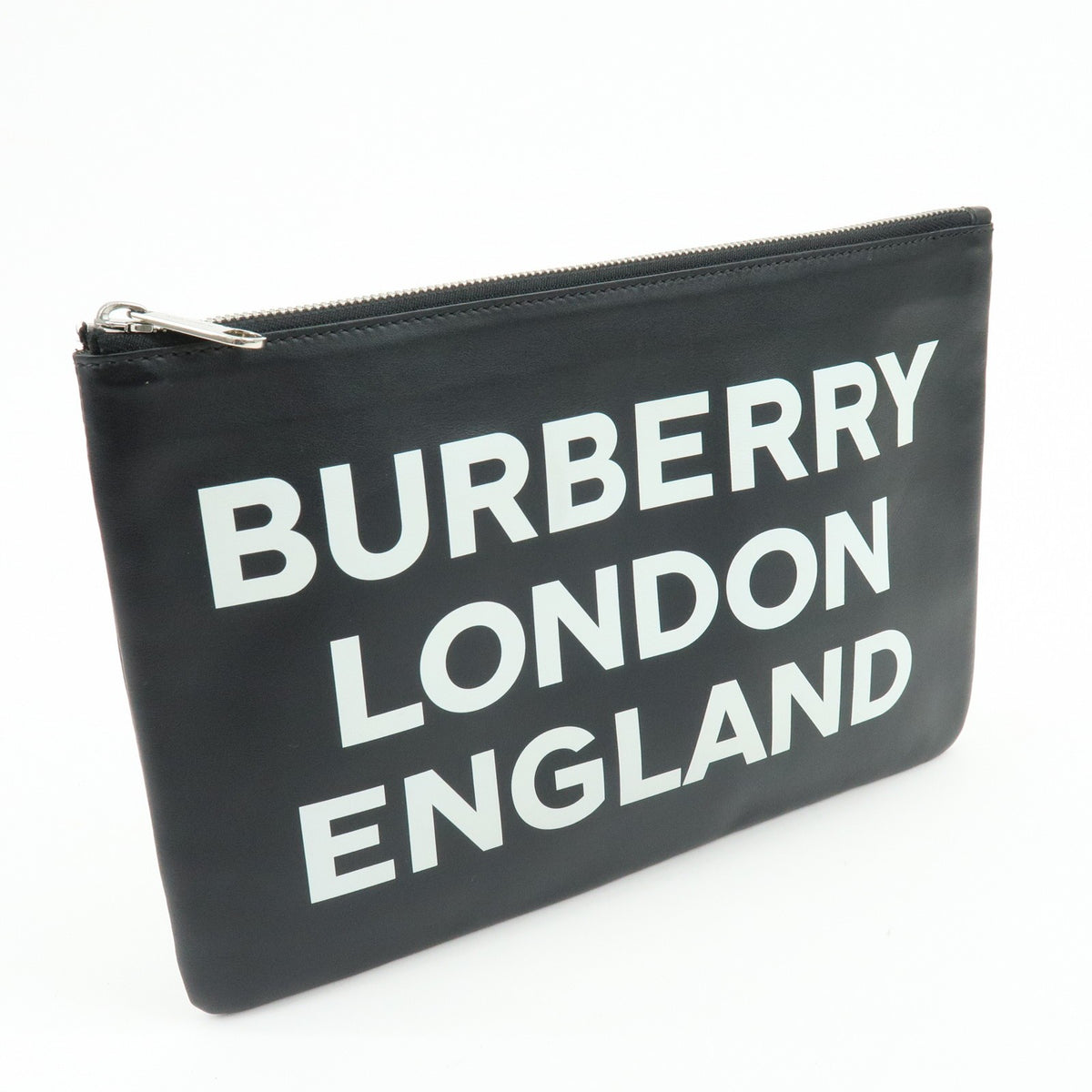 Burberry Logo Zip Printed Leather, Black, Leather, Clutch