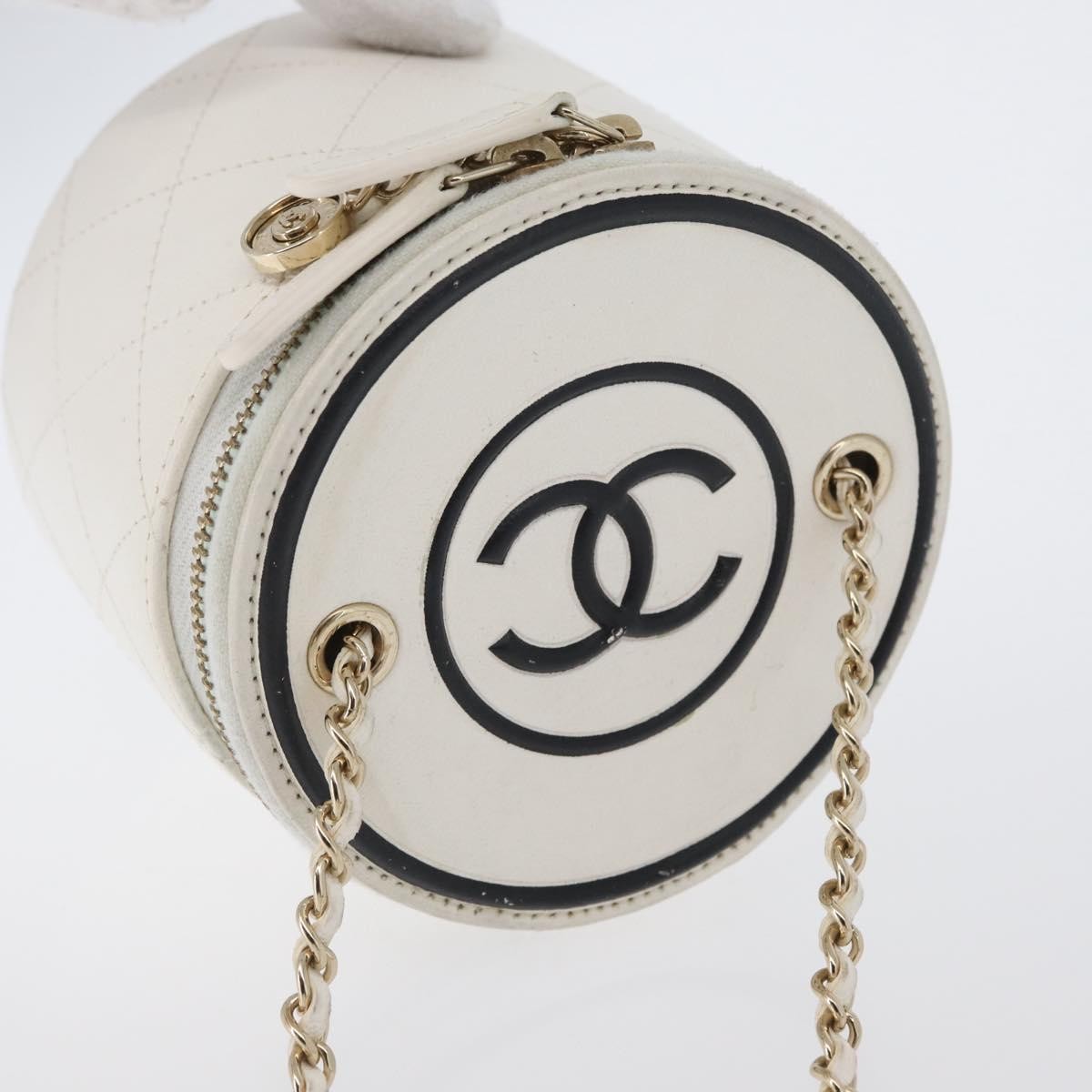 Chanel CC Round Vanity Case with Chain Quilted Lambskin, White, Leather, Clutch