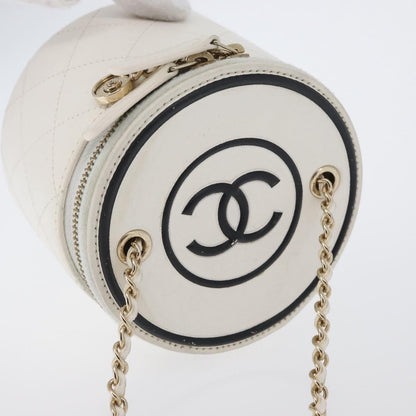 Chanel CC Round Vanity Case with Chain Quilted Lambskin, White, Leather, Clutch
