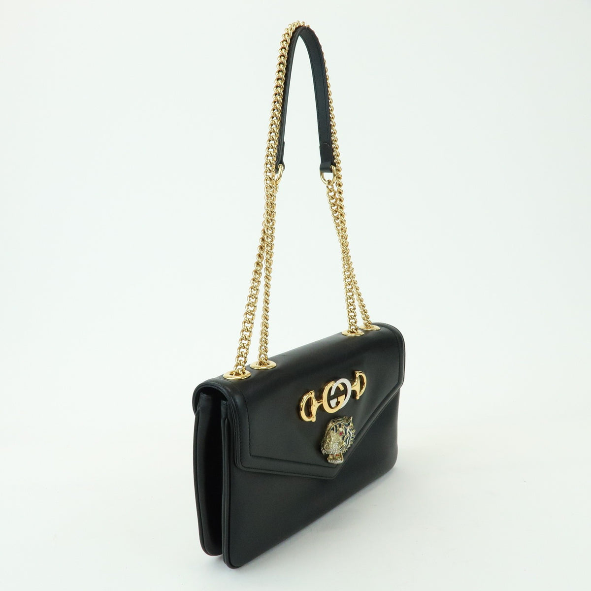 Gucci Rajah Chain Leather, Black, Leather, Tote Bag