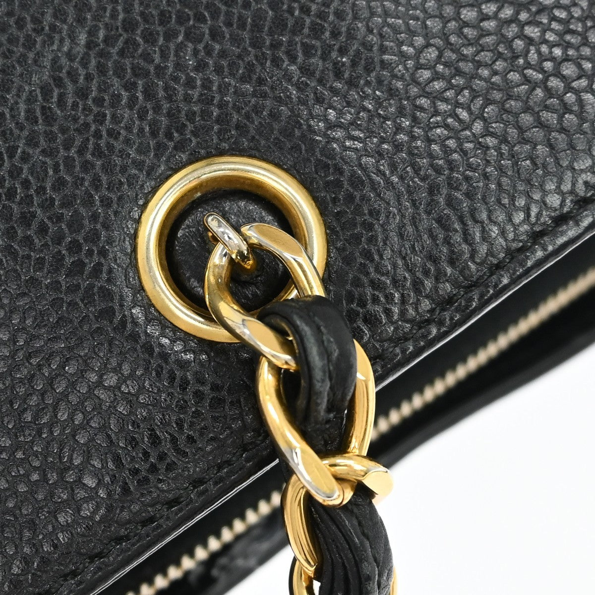 Chanel Vintage Logo Chain Tote Caviar, Black, Leather, Tote Bag