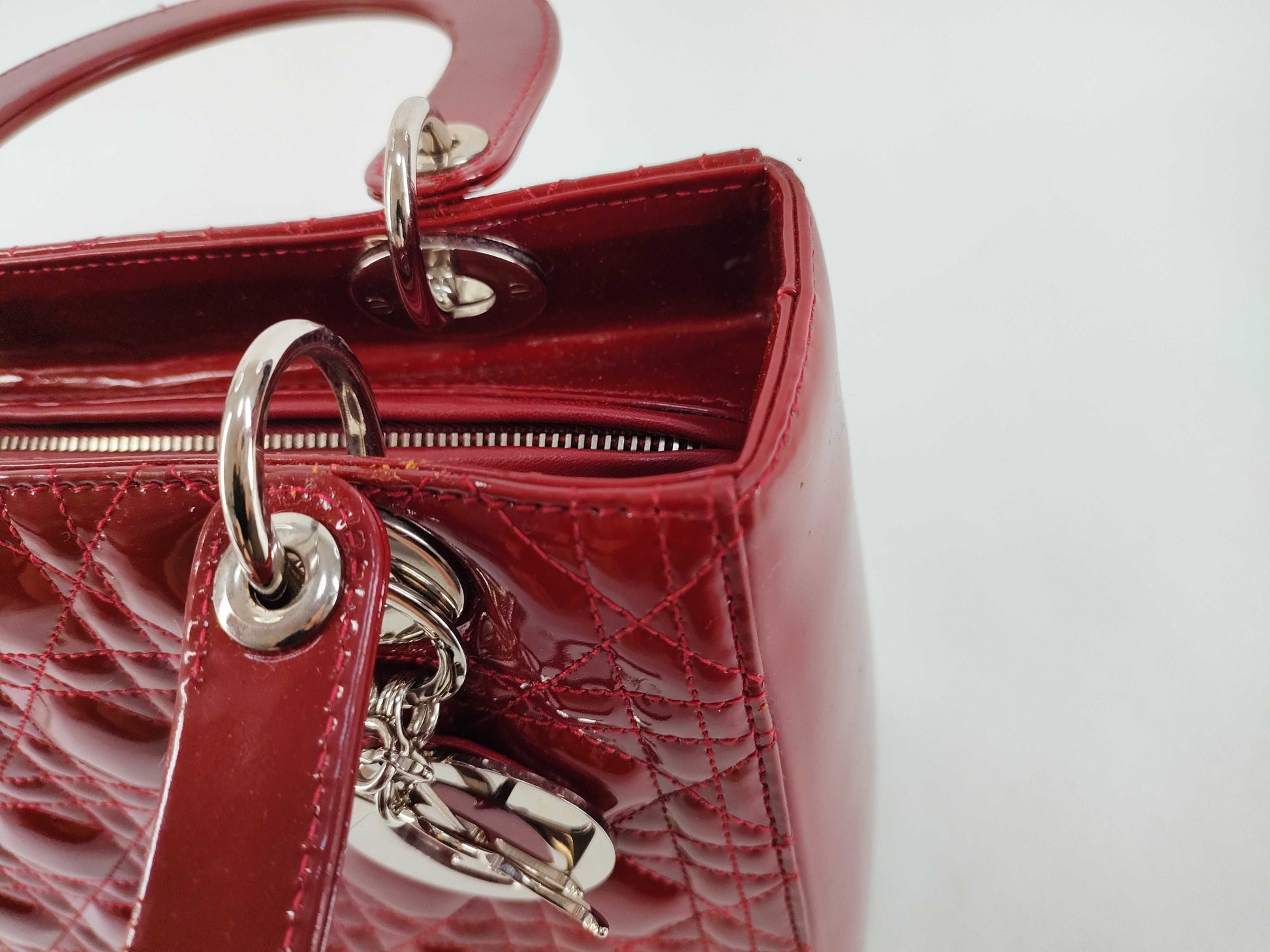 Christian Dior Lady Dior Patent, Red, Patent Leather, Handbag