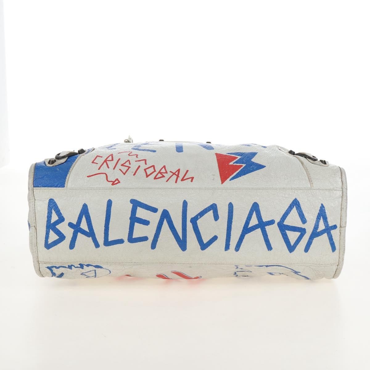 Balenciaga City Graffiti Classic Studs Leather, White, Leather, Handbag