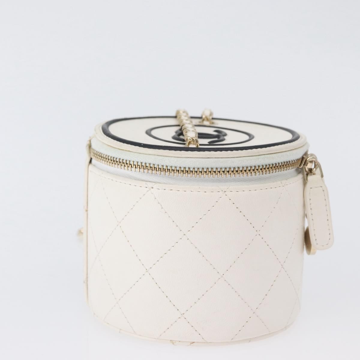 Chanel CC Round Vanity Case with Chain Quilted Lambskin, White, Leather, Clutch