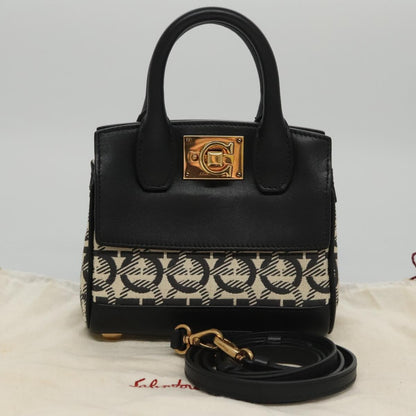 Salvatore Ferragamo Studio Satchel Gancini Jacquard and Leather, Black, Canvas, Handbag