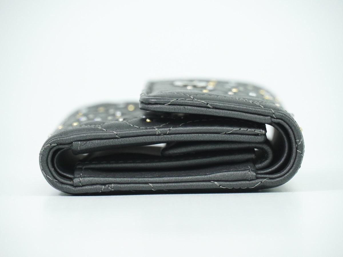 Chanel Camellia Flap Studded Camellia Lambskin, Gray, Leather, Wallet