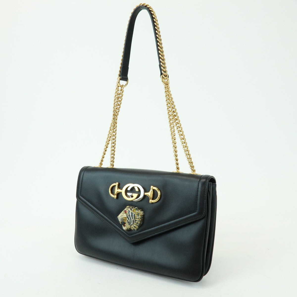 Gucci Rajah Chain Leather, Black, Leather, Tote Bag