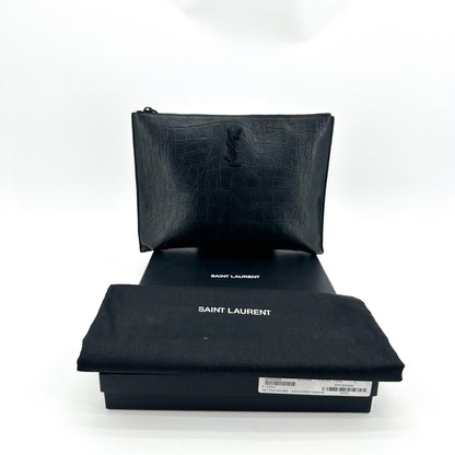 Saint Laurent Classic Monogram Zip Crocodile Embossed Leather, Black, Leather, Clutch