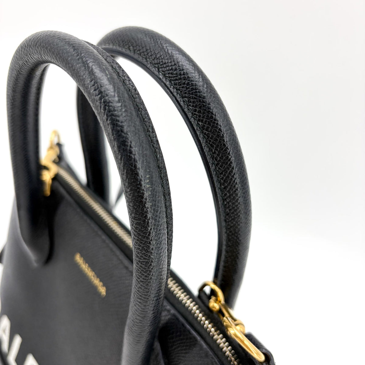 Balenciaga Logo Ville Leather, Black, Leather, Handbag