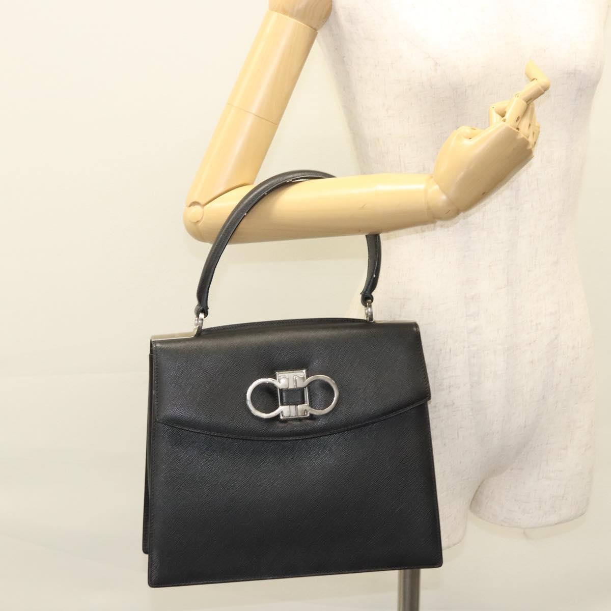 Salvatore Ferragamo Double Gancini Top Handle Saffiano Leather, Black, Leather, Handbag