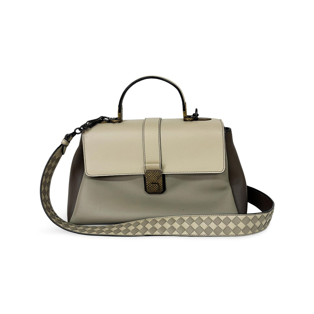 Bottega Veneta Piazza Top Handle Leather with Intrecciato Detail, Gray, Leather, Handbag