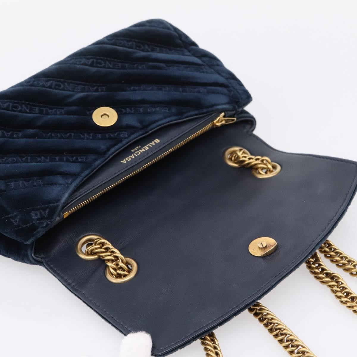 Balenciaga BB Chain Round Quilted Velvet, Navy, Velvet, Shoulder Bag