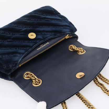 Balenciaga BB Chain Round Quilted Velvet, Navy, Velvet, Shoulder Bag