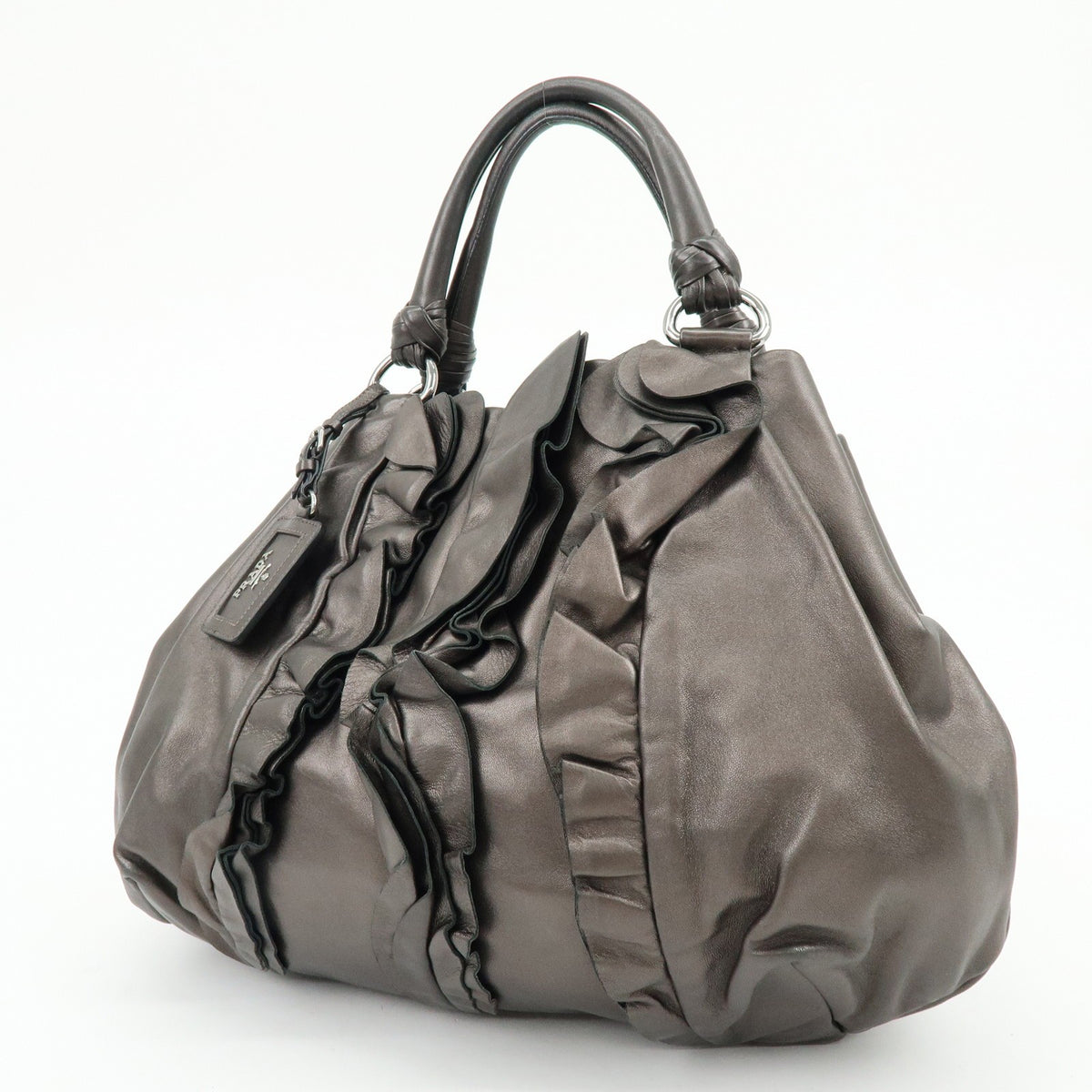Prada Ruffle Hobo Nappa Leather, Brown, Leather, Shoulder Bag