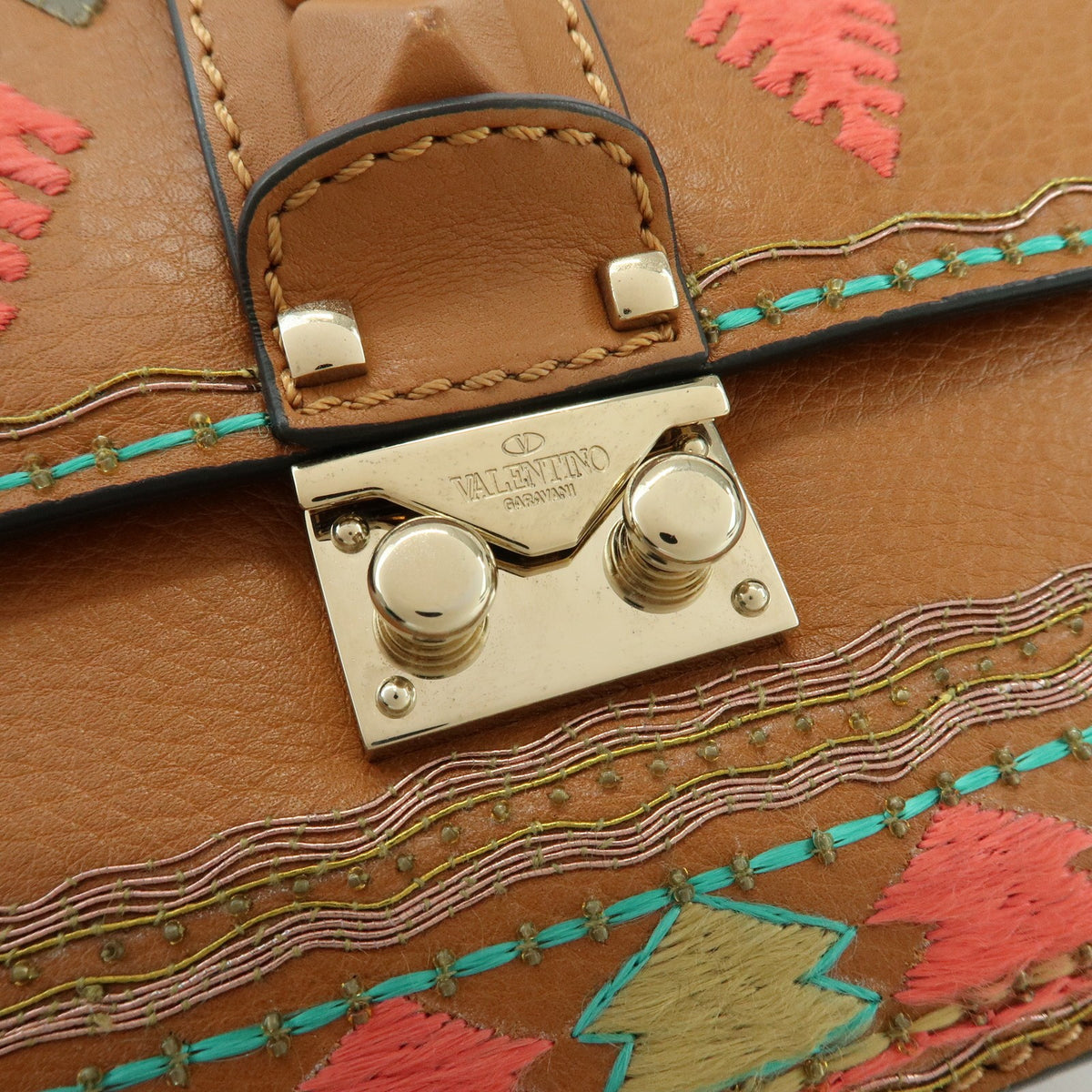Valentino Garavani Glam Lock Leather, Brown, Leather, Shoulder Bag