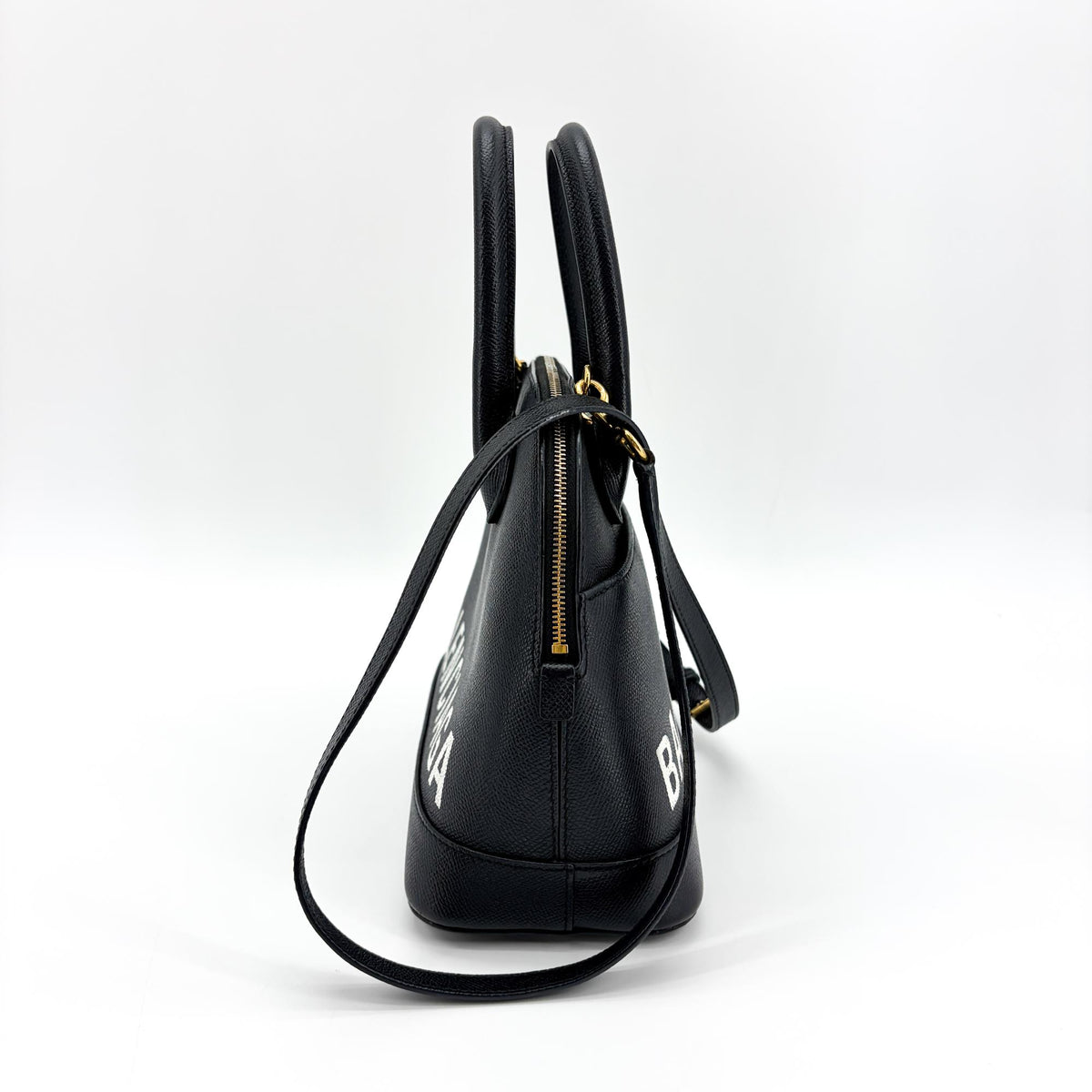 Balenciaga Logo Ville Leather, Black, Leather, Handbag