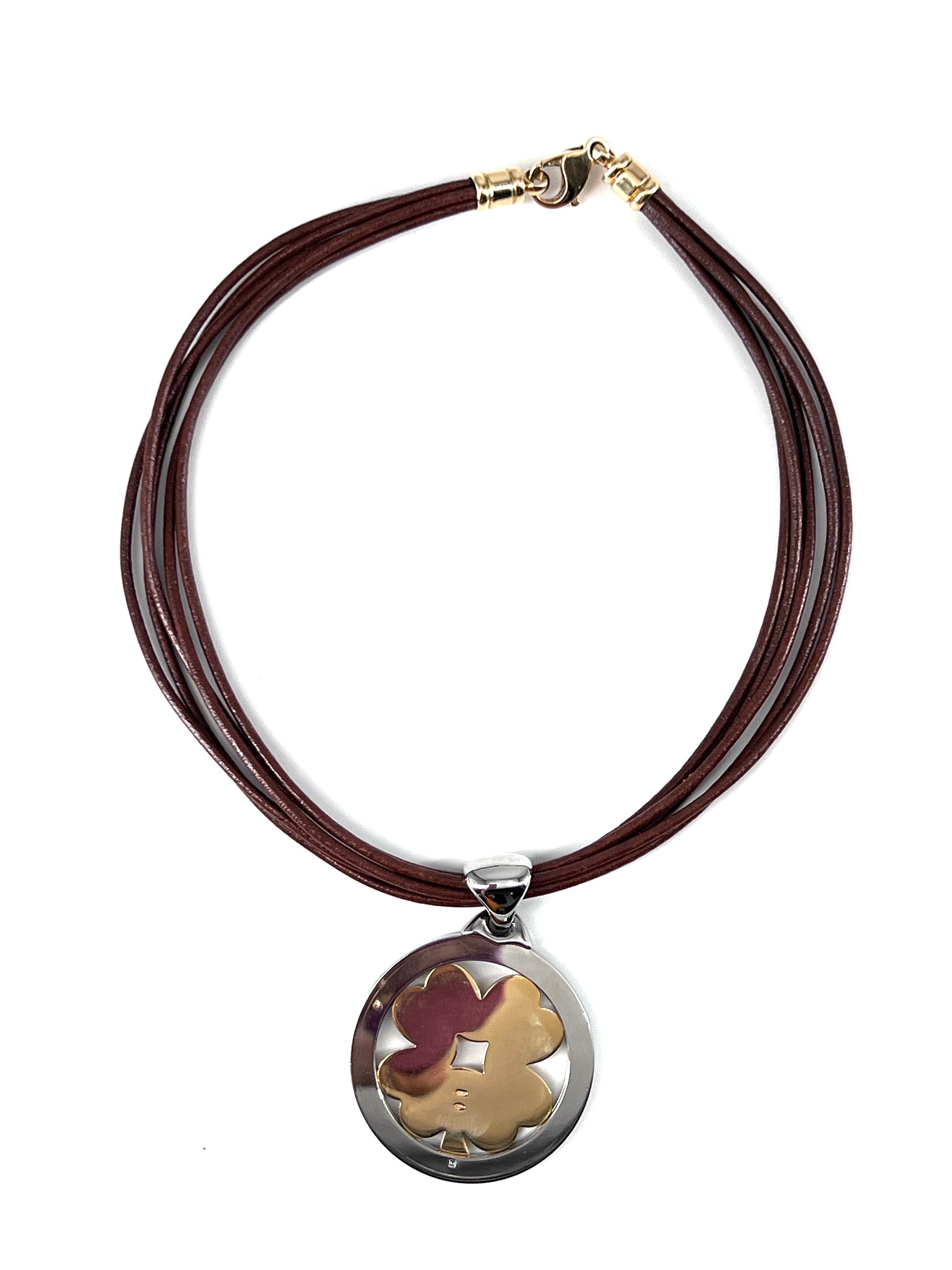 Bvlgari Tondo Clover Pendant Necklace Stainless Steel with 18K Yellow Gold and Cord, BROWN, YELLOW_GOLD, Necklace