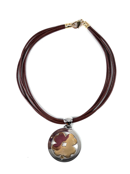 Bvlgari Tondo Clover Pendant Necklace Stainless Steel with 18K Yellow Gold and Cord, BROWN, YELLOW_GOLD, Necklace