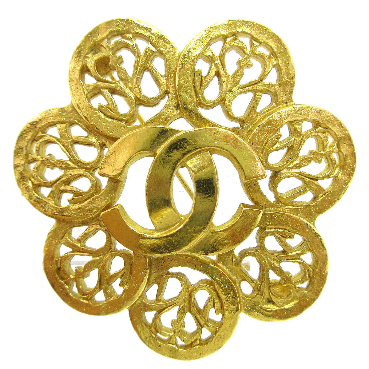 Chanel Vintage CC Flower Textured Metal, Gold, Gold Plated, Brooch