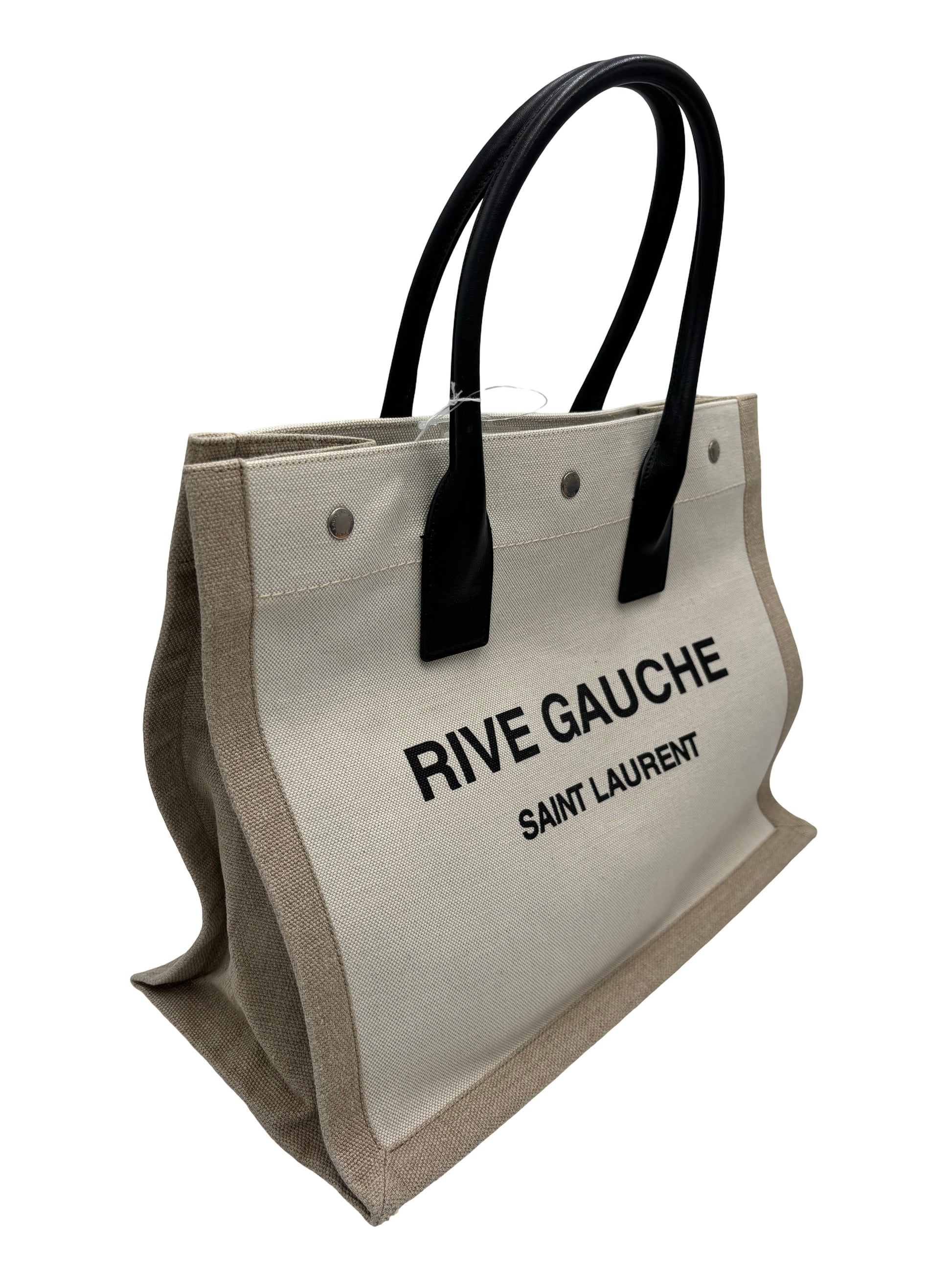 Saint Laurent Rive Gauche Shopper Tote Canvas, Beige, Canvas, Tote Bag