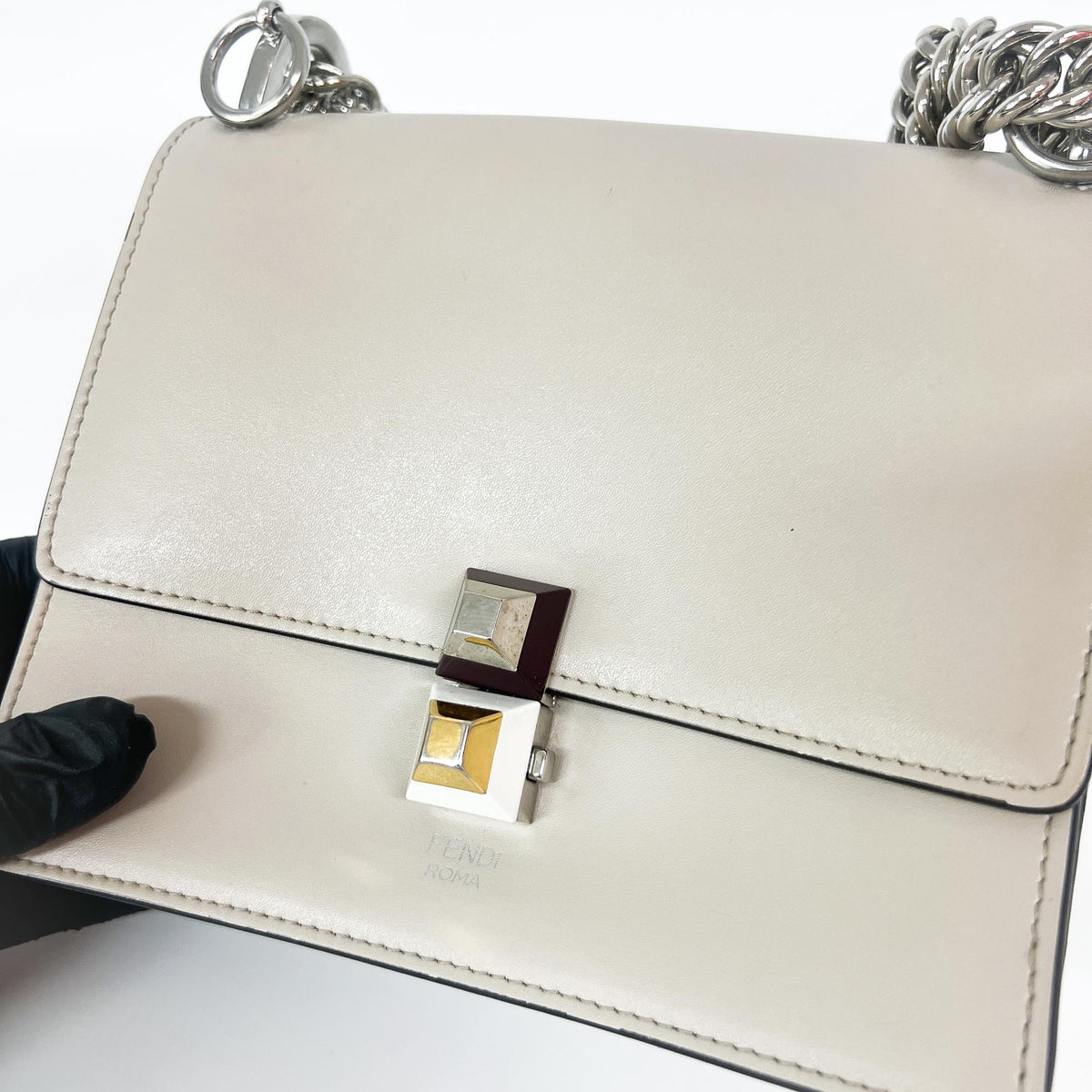 Fendi Kan I Leather, Ecru, Leather, Shoulder Bag