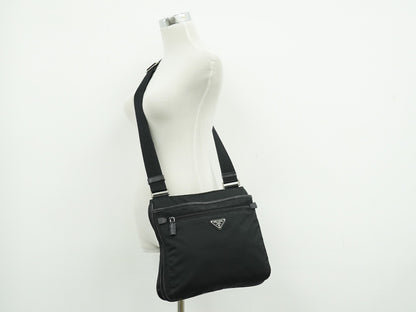 Prada Front Zip Messenger Quilted Tessuto, Black, Nylon, Shoulder Bag