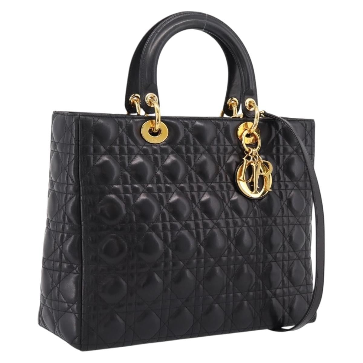 Christian Dior Vintage Lady Dior Cannage Quilt Lambskin, Black, Leather, Handbag