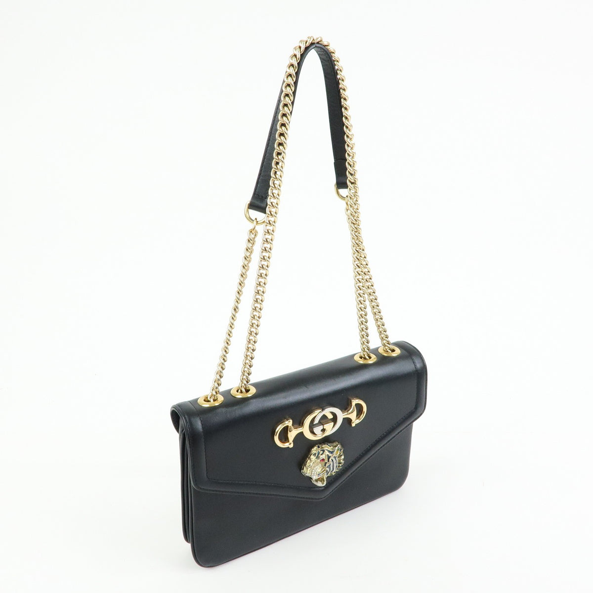 Gucci Rajah Chain Leather, Black, Leather, Tote Bag