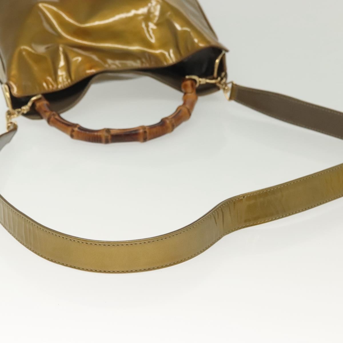 Gucci Vintage Bamboo Handle Open Hobo Leather, Gold, Patent Leather, Shoulder Bag