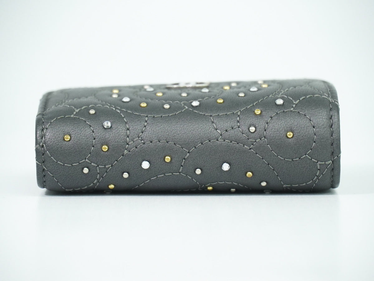 Chanel Camellia Flap Studded Camellia Lambskin, Gray, Leather, Wallet