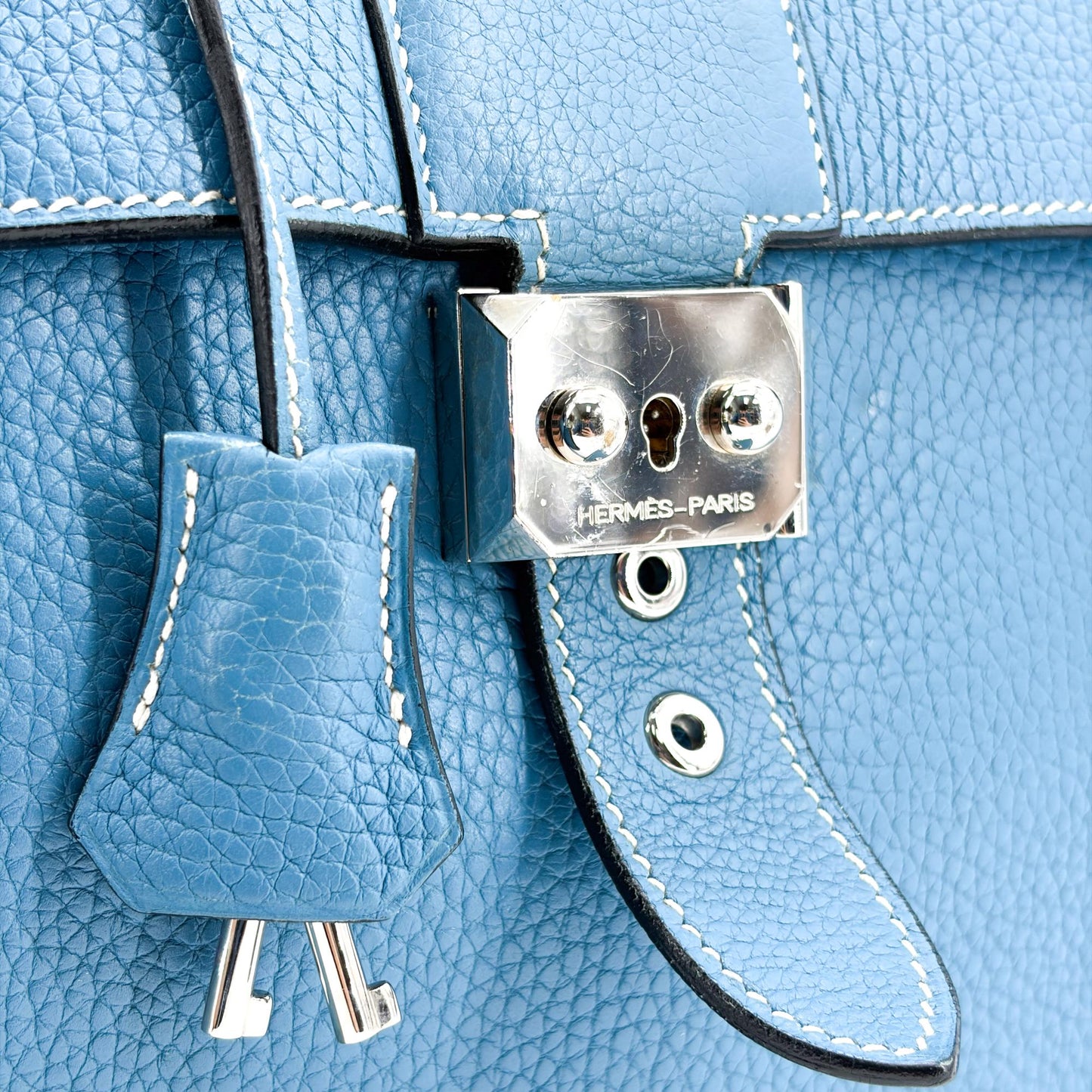 Hermes Sac a Depeches Togo, Blue, Leather, Handbag